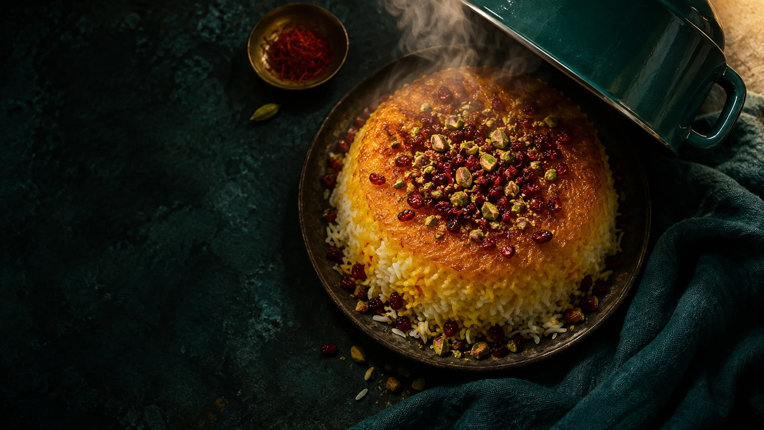 A golden saffron tahdig turned out onto a dark plate, crowned with barberries and pistachio, steam rising beside a teal enamel pot.